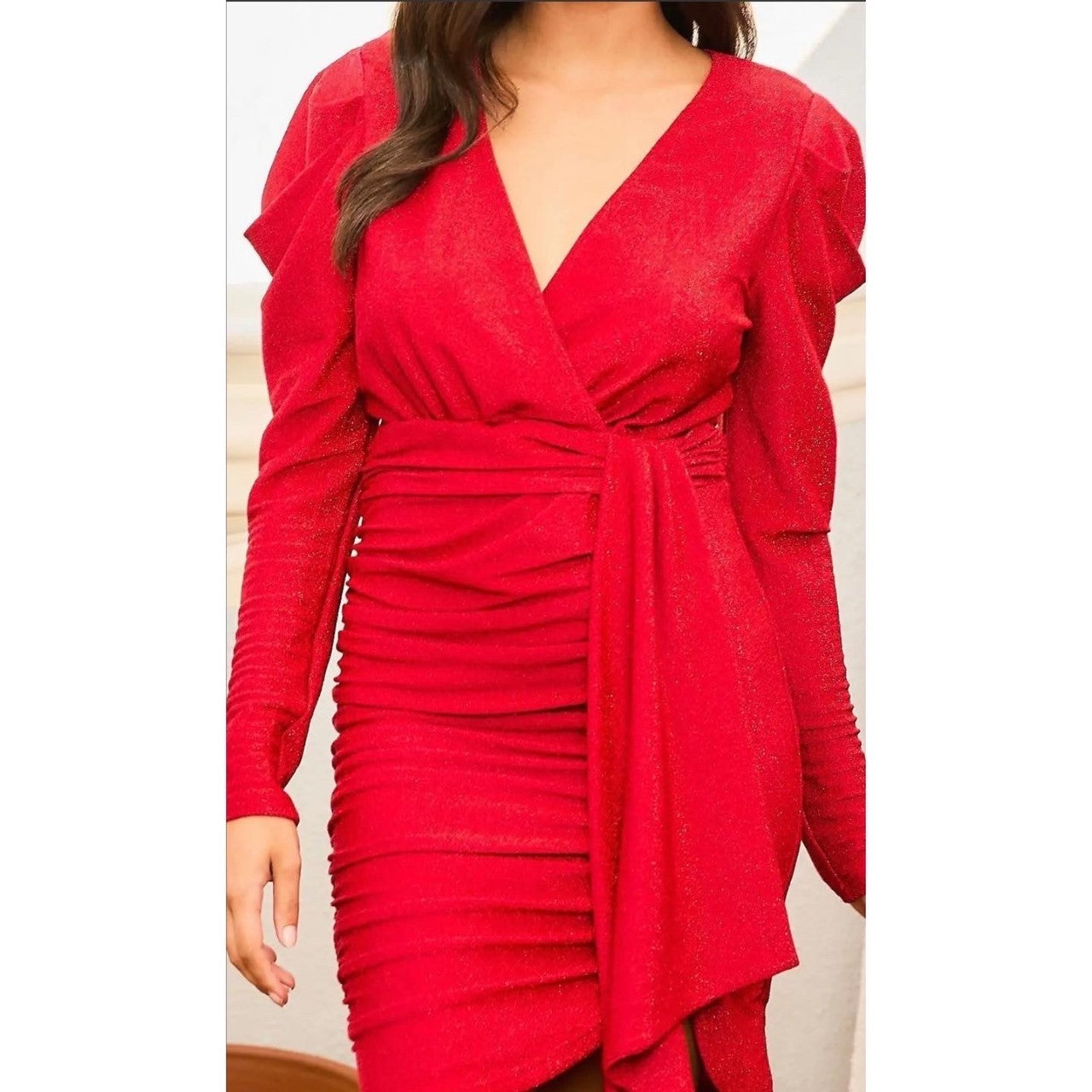 Red Puff Sleeve Lurex Dress