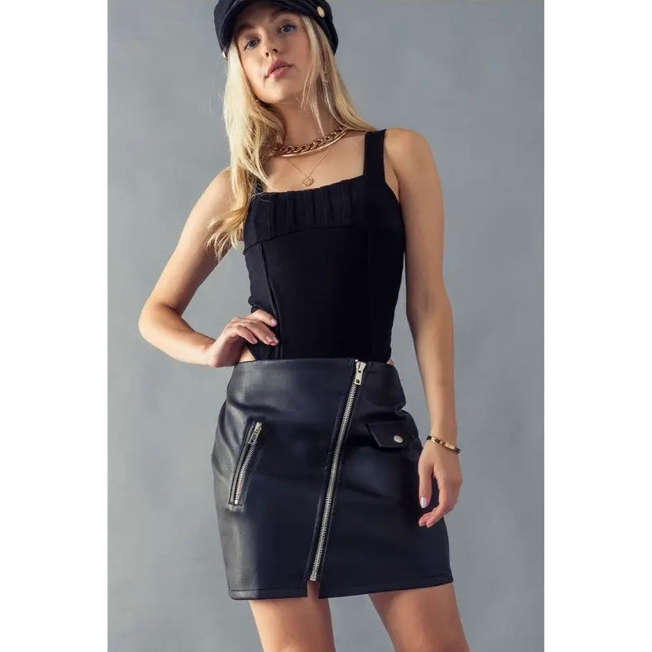 Faux Leather Diagonal Zip Pocket Mini Skirt