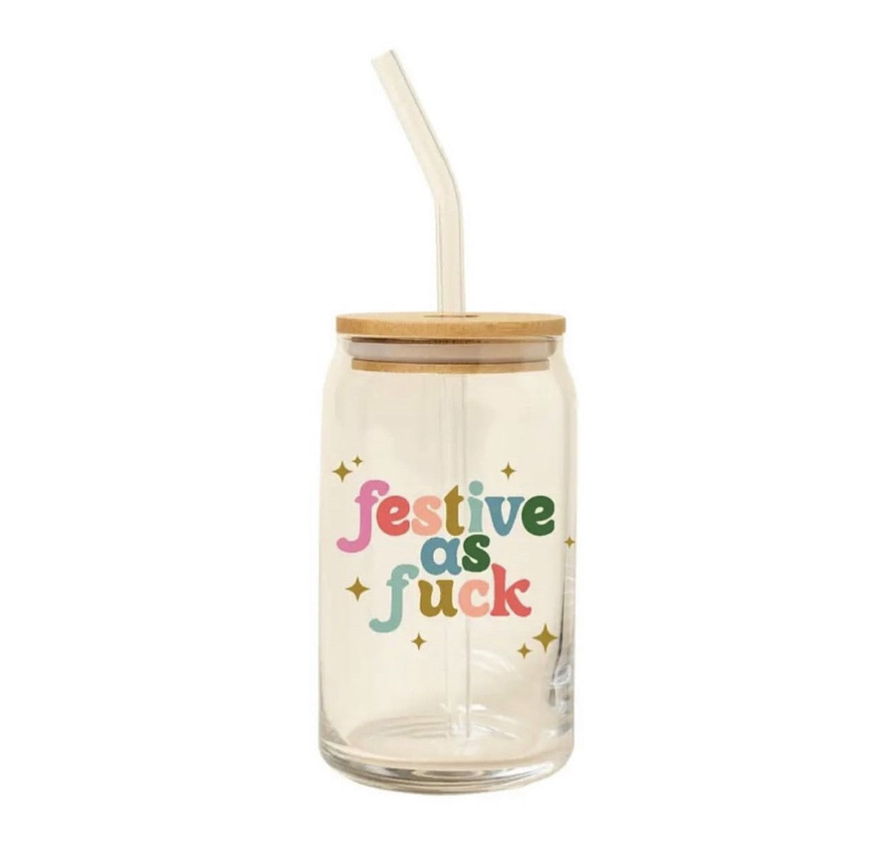 Holiday Can Glass w/Lid + Straw