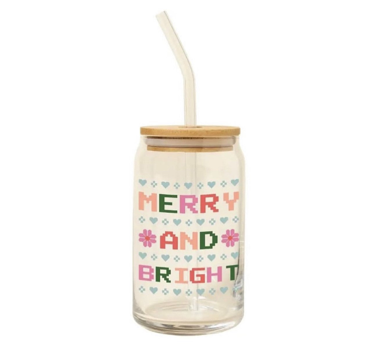 Holiday Can Glass w/Lid + Straw