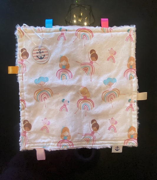 Handmade Sensory Lovey Taggie Blanket - Rainbow Ballerinas